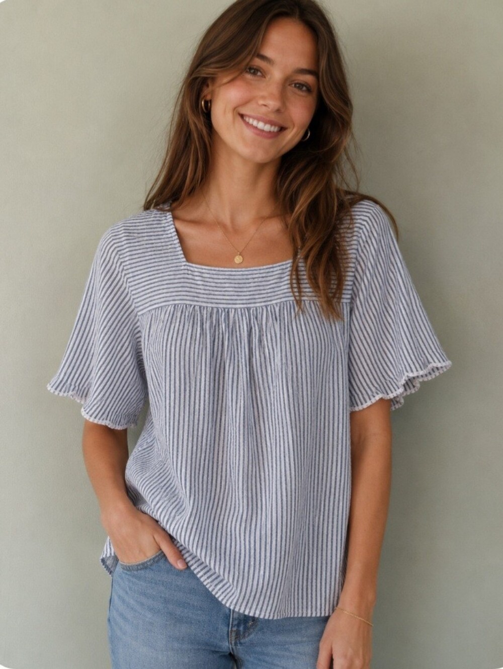 The Vermont Country Store Blue & White Striped Square-Neck Cotton Tunic Top